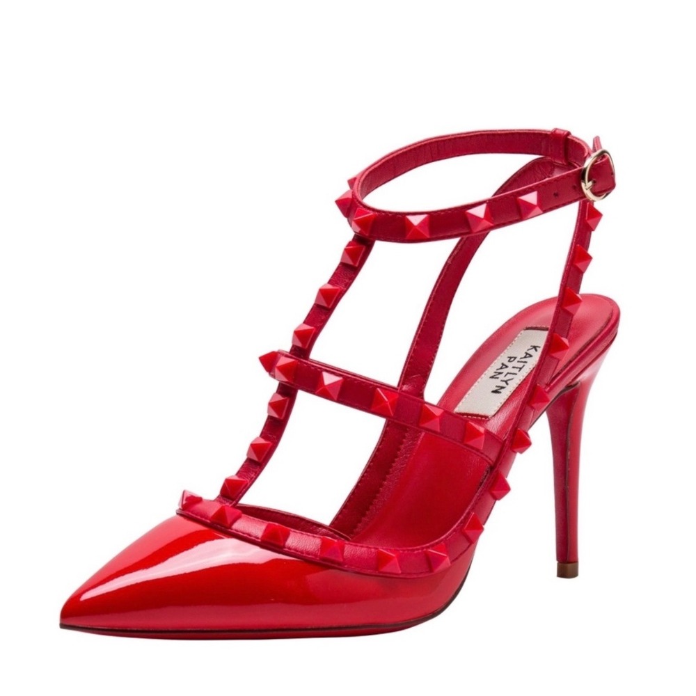 Kaitlyn Pan Red Studded Cage Pumps Patent Leather Stiletto Heels Size 7.5